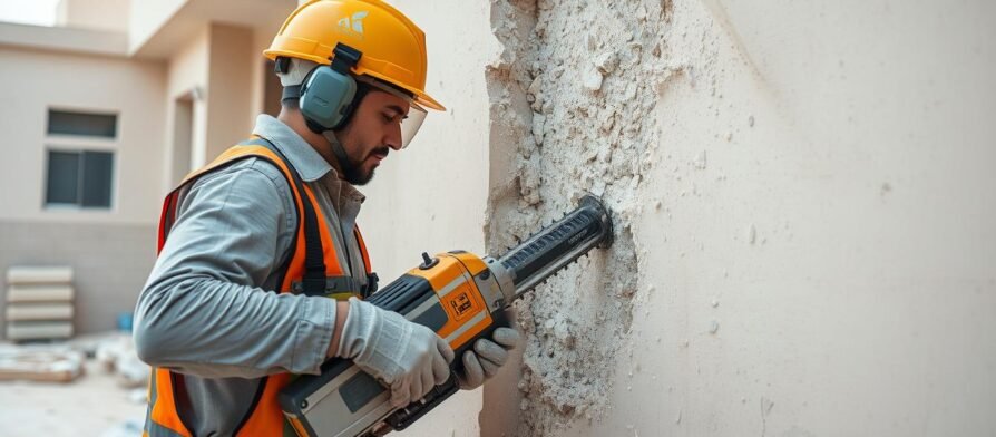 عامل يقوم بتكسير طوفة في الكويت باستخدام معدات احترافية