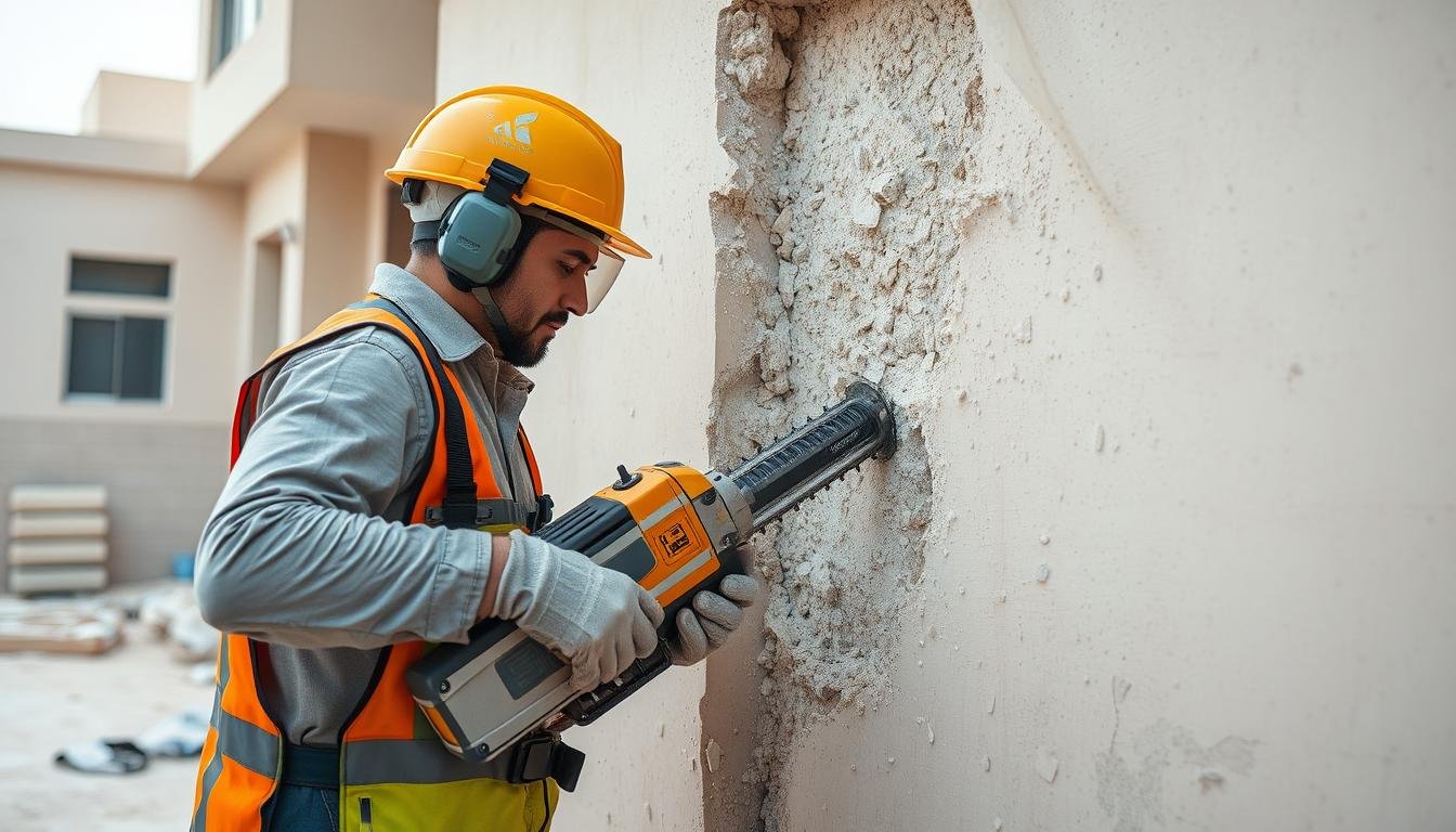 عامل يقوم بتكسير طوفة في الكويت باستخدام معدات احترافية