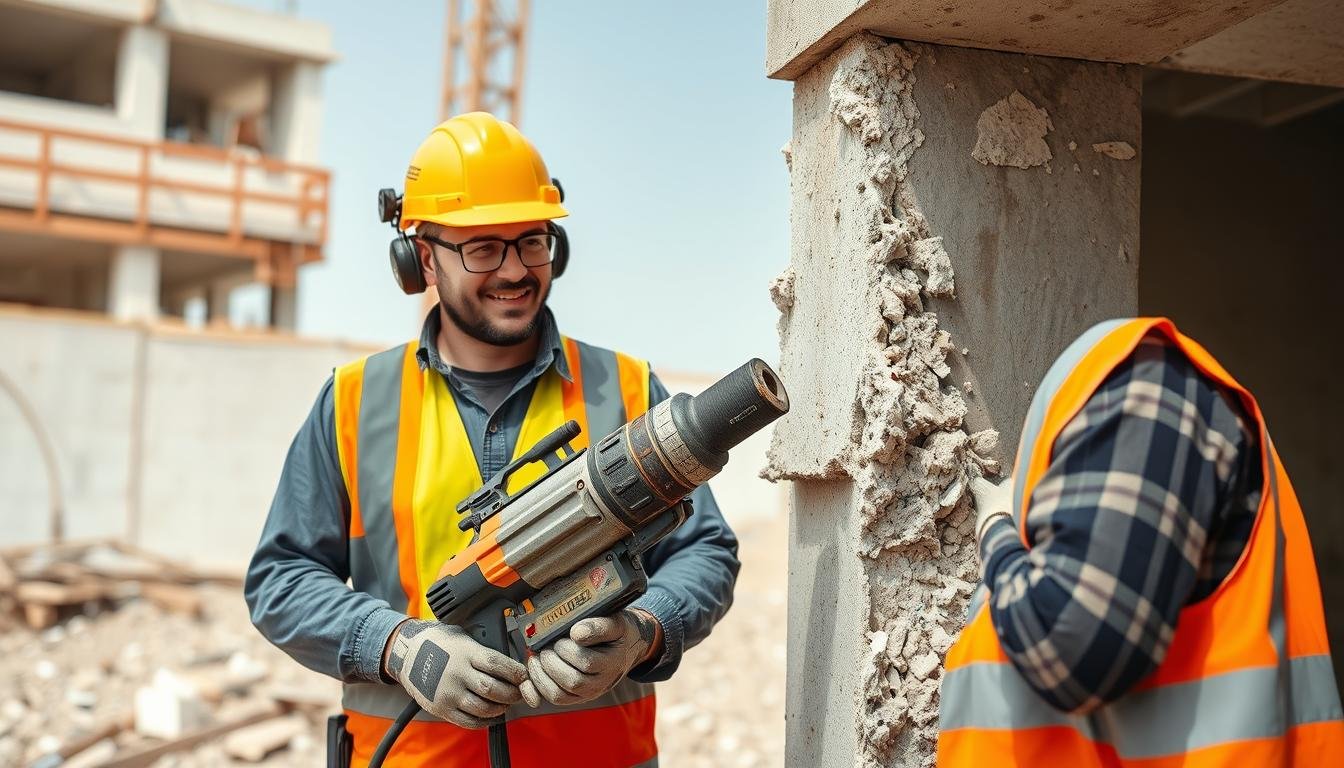 مقاول تكسير محترف يستخدم معدات متطورة في موقع العمل