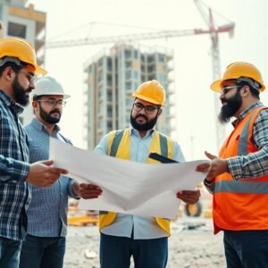 فريق عمل مقاول الدسمة المحترف أثناء تنفيذ أعمال البناء