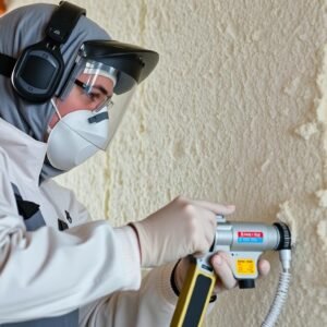 فني متخصص يقوم بتطبيق عازل فوم رش أمريكي عالي الكثافة