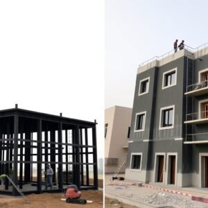 مراحل تحويل الهيكل الأسود إلى مبنى مكتمل في الكويت