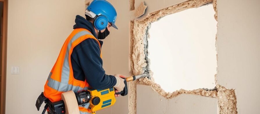 مقاول تكسير وترميم يقوم بأعمال هدم جدار في منزل بالكويت