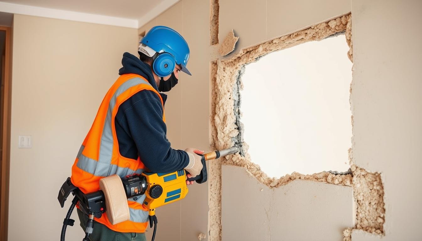 مقاول تكسير وترميم يقوم بأعمال هدم جدار في منزل بالكويت