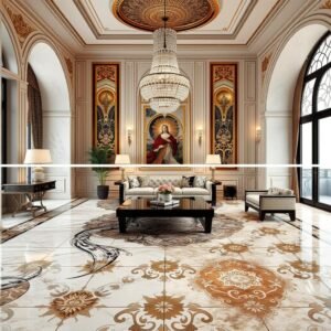 أرضيات صالون فاخرة من الرخام والباركيه