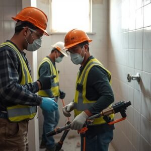 إجراءات السلامة المتبعة أثناء تكسير حمامات من قبل فريق محترف إجراءات السلامة المتبعة أثناء تكسير حمامات من قبل فريق محترف