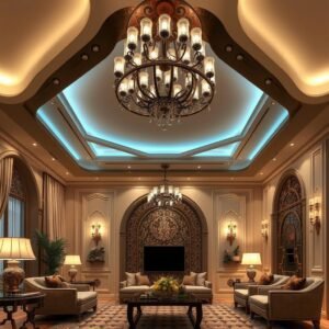 إضاءة صالون متطورة مع ثريات وإضاءة مخفية