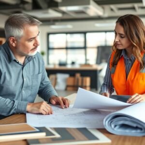 اجتماع بين عميل ومقاول تشطيب لمناقشة تفاصيل المشروع