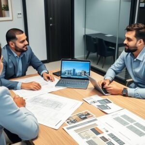 اجتماع بين عميل ومقاول لمناقشة تفاصيل مشروع في الكويت