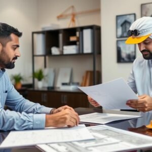 اجتماع بين مالك المشروع ومقاول بناء بالكويت لمناقشة تفاصيل العقد