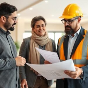 اجتماع بين مالك المنزل ومقاول بناء محترف في الكويت لمناقشة تفاصيل مشروع بناء منازل بالكويت