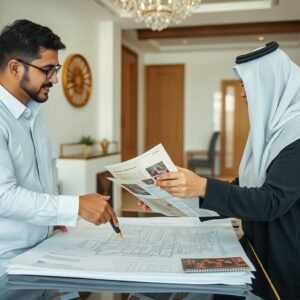 اجتماع بين مالك المنزل ومقاول ترميمات لمناقشة تفاصيل المشروع