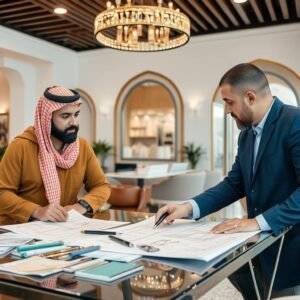 اجتماع بين مالك فيلا ومقاول بناء لمناقشة تفاصيل المشروع