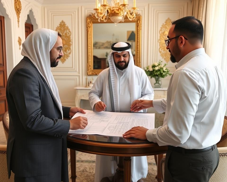 اجتماع بين مالك قصر ومقاول ترميمات القصور لمناقشة المشروع