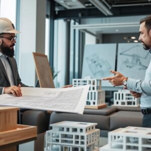 اجتماع بين مقاول بناء وتشطيب وعميل لمناقشة تفاصيل مشروع بناء اجتماع بين مقاول بناء وتشطيب وعميل لمناقشة تفاصيل مشروع بناء