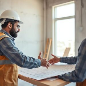 اجتماع لحل مشكلة في مشروع ترميم بين المقاول والعميل