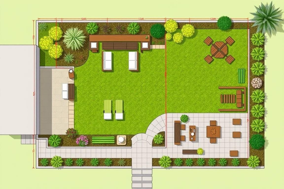 تخطيط حديقة منزلية في العدان مع تقسيم المساحات وتوزيع النباتات