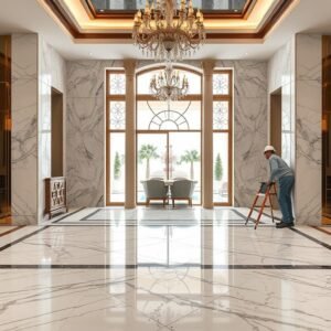 تركيب بلاط رخام في مدخل فيلا فاخرة بالكويت