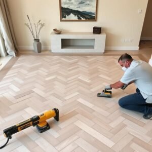 تركيب بلاط سيراميك جديد في غرفة معيشة بالكويت