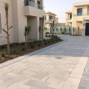 تركيب بلاط متداخل وكربستون في مشروع سكني بالكويت