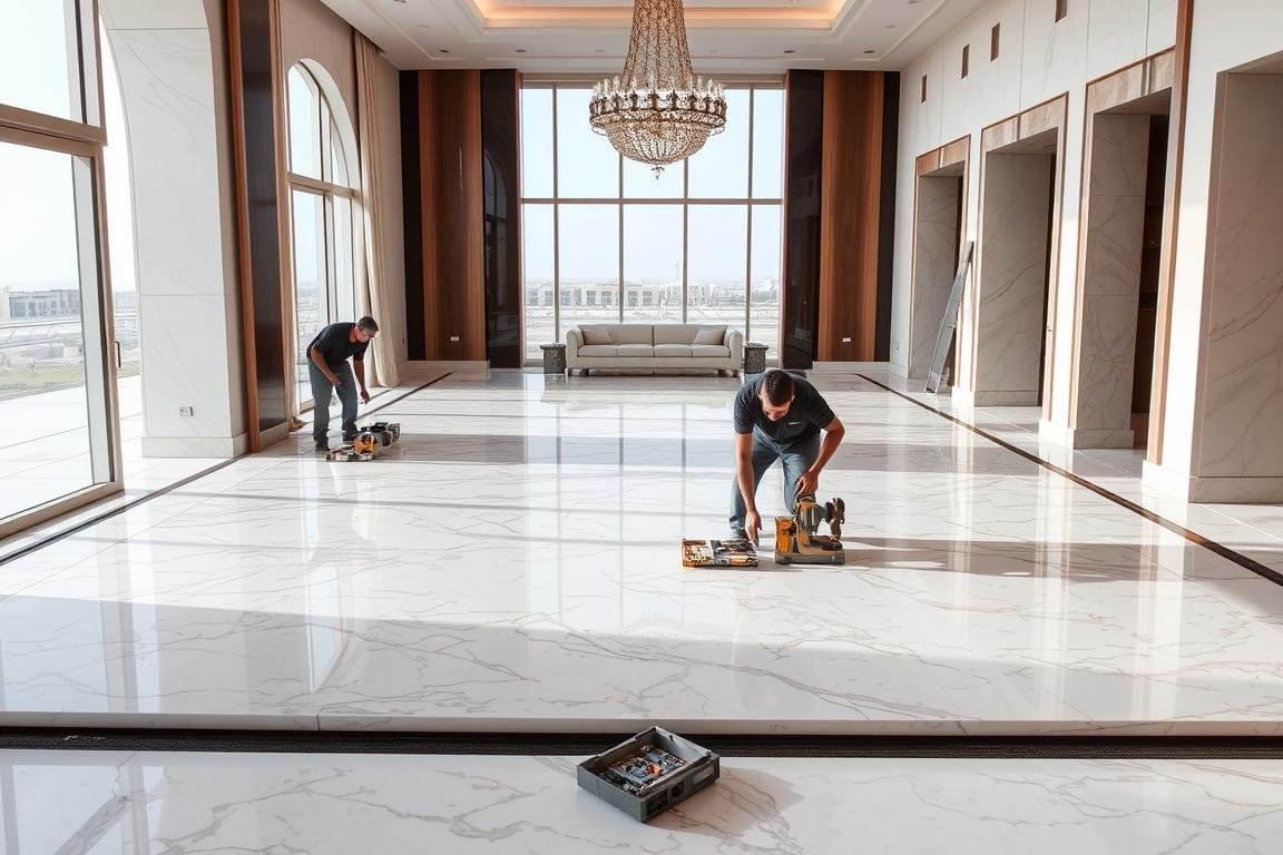 تركيب رخام أرضيات فاخر في فيلا كويتية على يد مقاول رخام الكويت