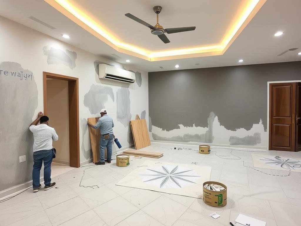 ترميم منزل سكني في الخالدية مع عمال يقومون بأعمال التشطيب