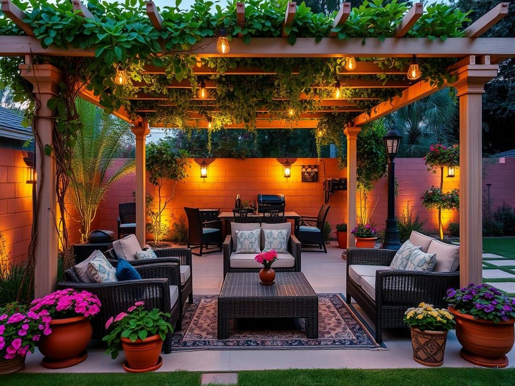 جلسة خارجية مظللة في حديقة منزلية بالعدان