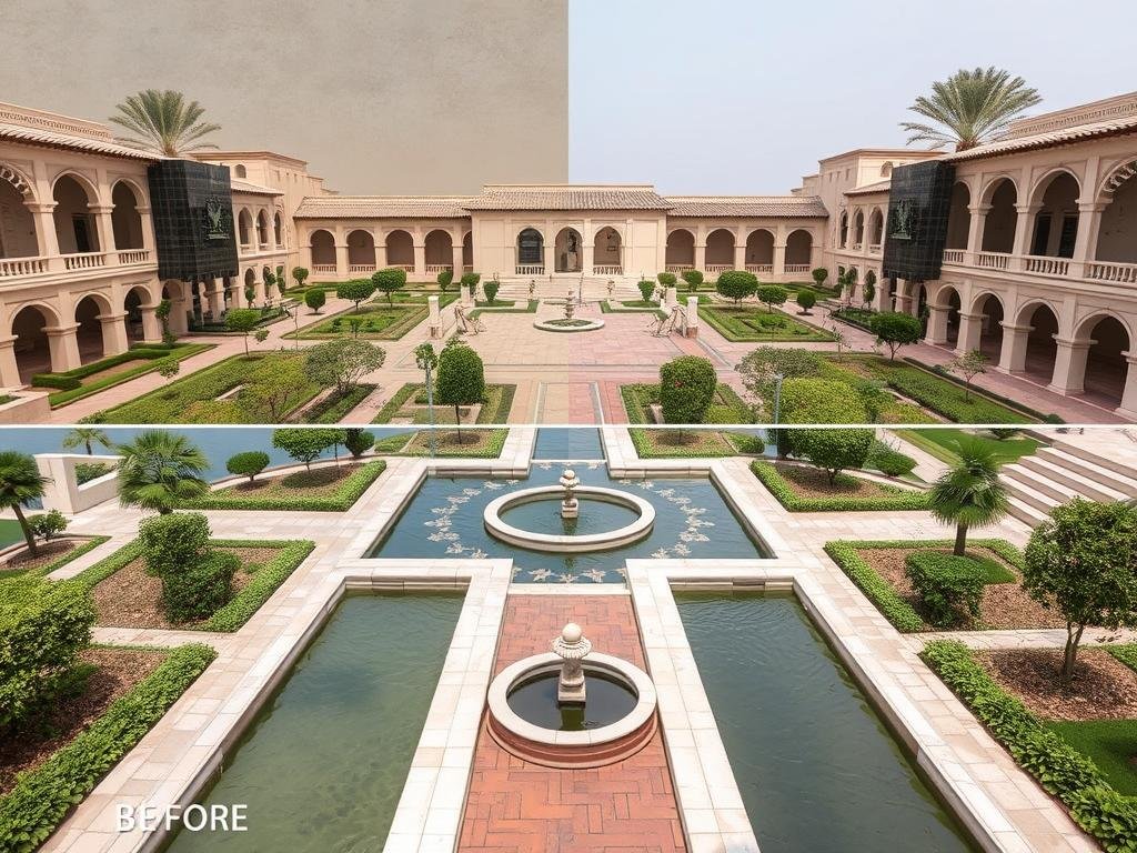 حديقة قصر تم تجديدها بالكامل من قبل مقاول ترميمات القصور