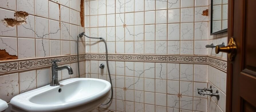 حمام قديم يعاني من مشاكل متعددة تستدعي تكسير حمامات وتجديدها