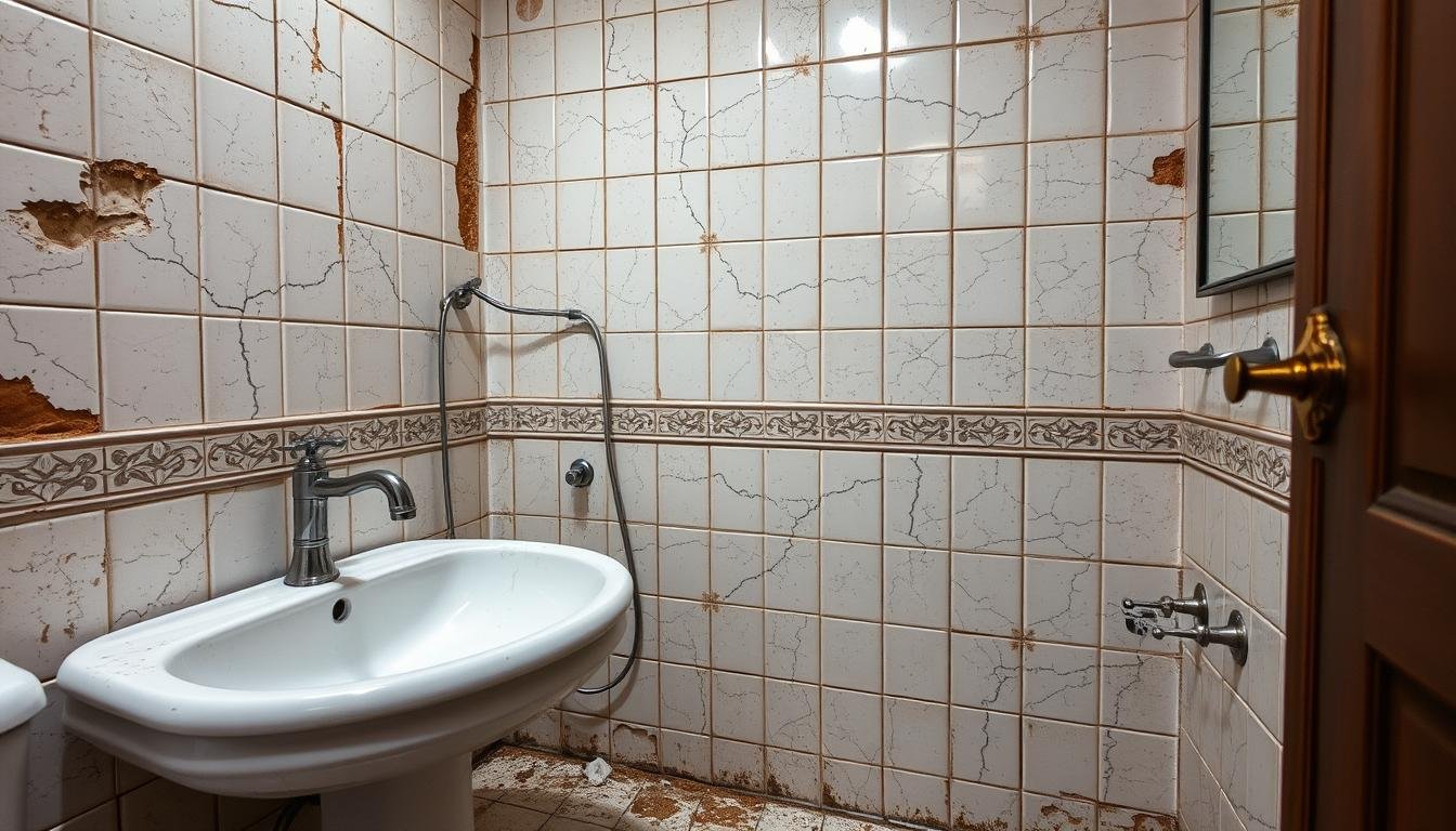 حمام قديم يعاني من مشاكل متعددة تستدعي تكسير حمامات وتجديدها