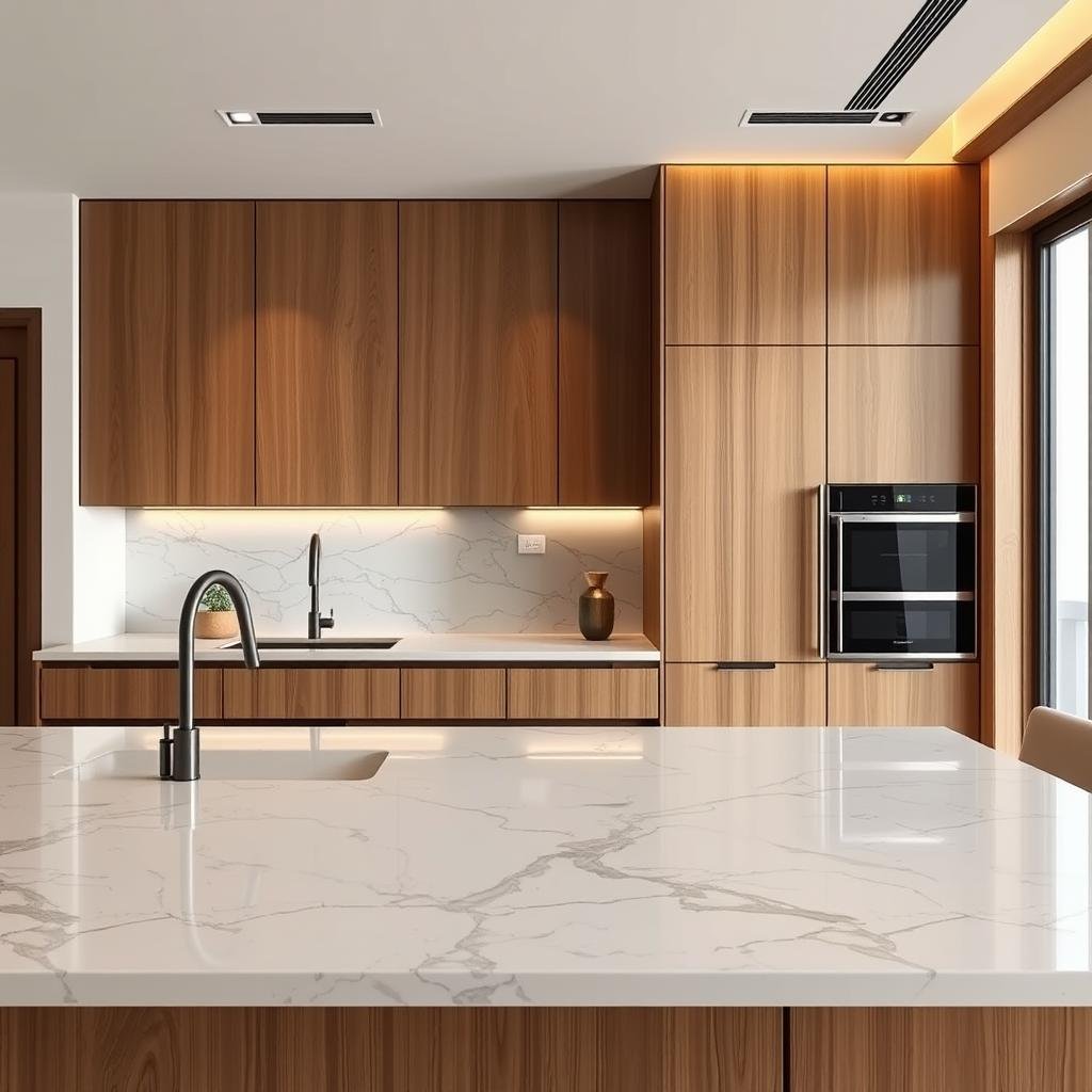 دمج الرخام مع الخشب في تصميم عصري من مقاول رخام الكويت