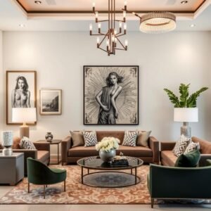 ديكورات صالون عصرية مع إكسسوارات وقطع فنية
