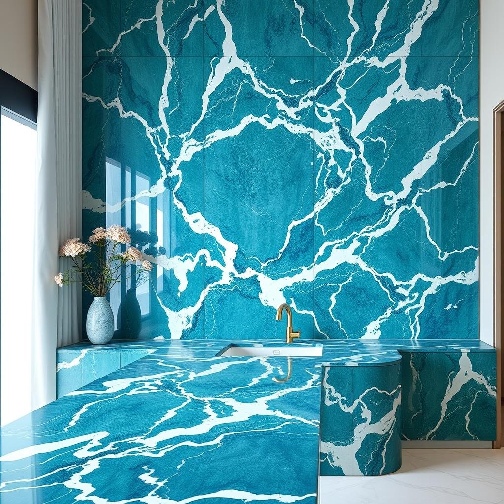 رخام بألوان جريئة وعروق واضحة من مقاول رخام الكويت