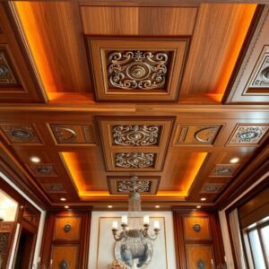 سقف خشبي فاخر في فيلا كويتية تم تنفيذه بواسطة مقاول اسقف بالكويت