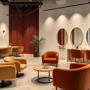 صالون عصري بتصميم 2024 يجمع بين الأقمشة المخملية والألوان الدافئة في تجديد صالونات