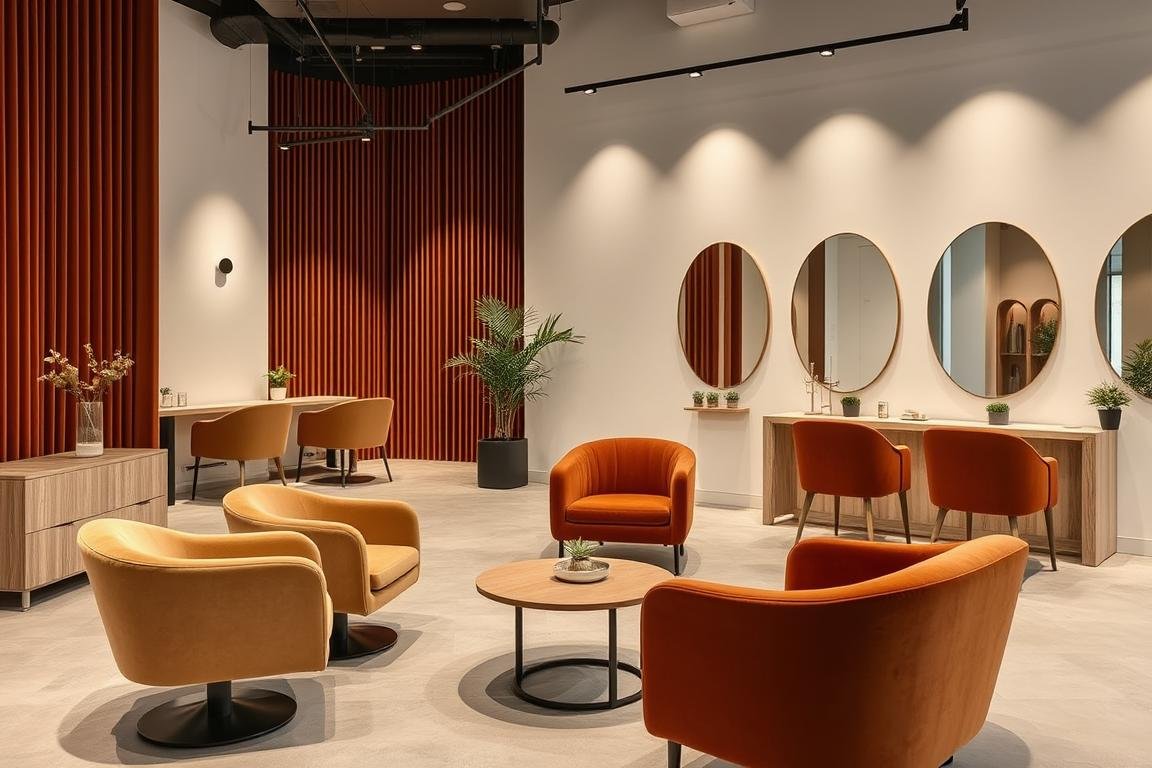 صالون عصري بتصميم 2024 يجمع بين الأقمشة المخملية والألوان الدافئة في تجديد صالونات