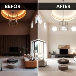 صالون عصري بتصميم مفتوح وألوان فاتحة بعد التجديد