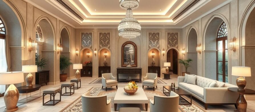 صالون عصري بعد التجديد مع إضاءة مميزة ومفروشات أنيقة