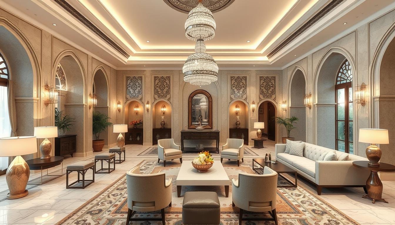 صالون عصري بعد التجديد مع إضاءة مميزة ومفروشات أنيقة