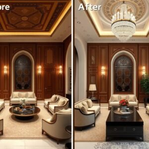 صالون فاخر بديكورات خشبية وإضاءة مميزة بعد التجديد