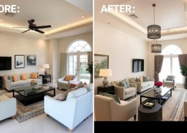 صالون منزلي بعد التجديد يظهر الفرق الكبير في المظهر العام والإضاءة