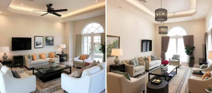 صالون منزلي بعد التجديد يظهر الفرق الكبير في المظهر العام والإضاءة