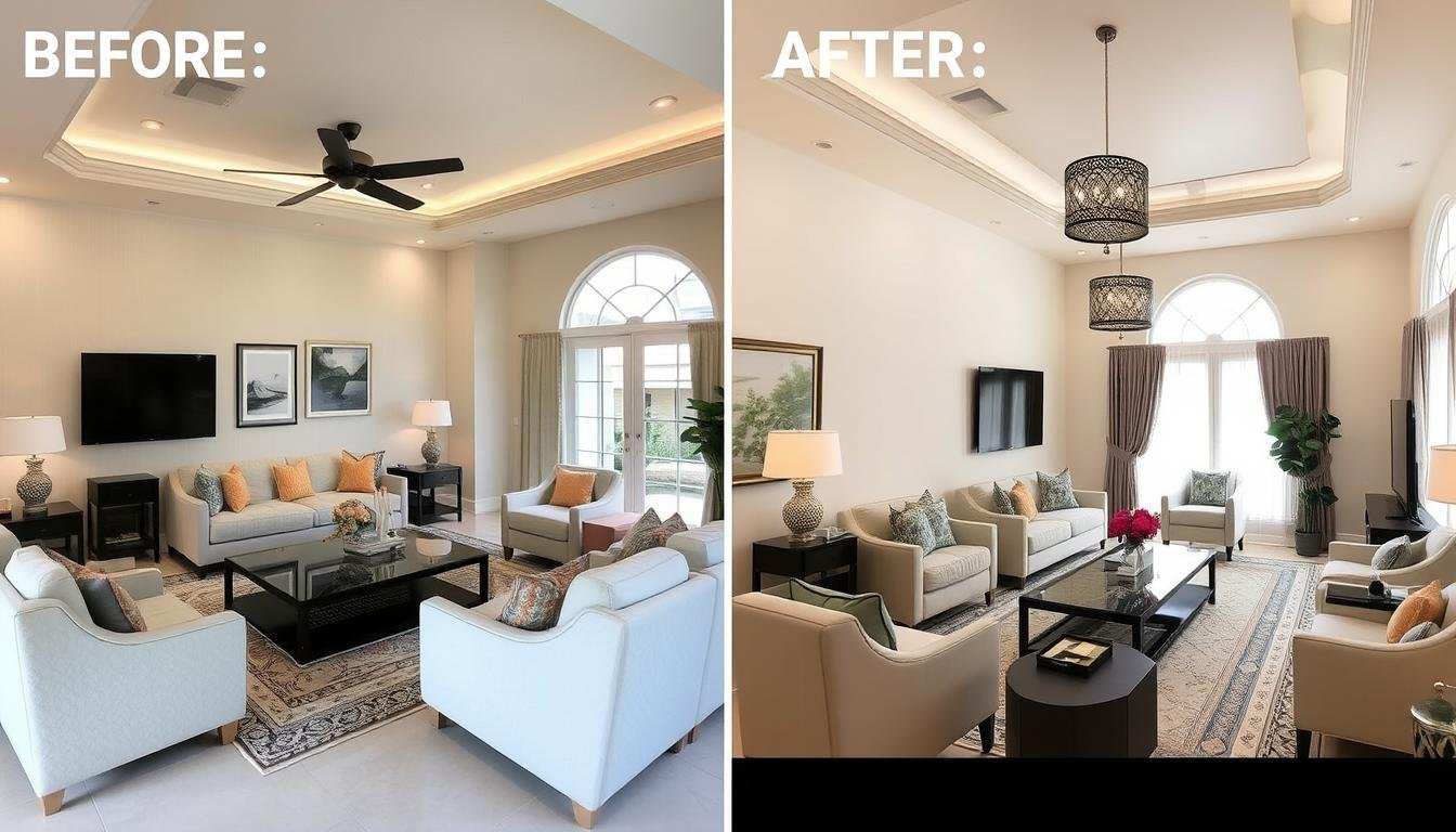 صالون منزلي بعد التجديد يظهر الفرق الكبير في المظهر العام والإضاءة