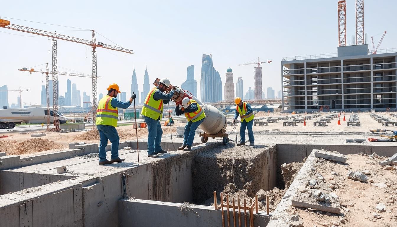 صب الخرسانة في موقع بناء بالكويت من قبل مقاول خرسانة بالكويت