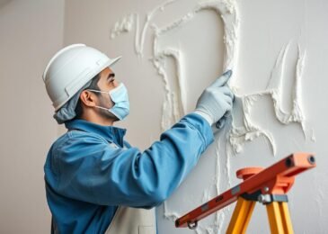 عامل مساح يقوم بتنفيذ أعمال المحارة على جدار في الكويت