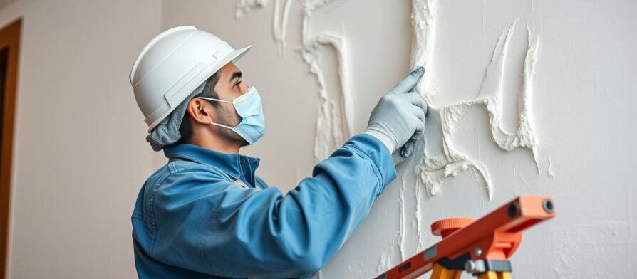 عامل مساح يقوم بتنفيذ أعمال المحارة على جدار في الكويت