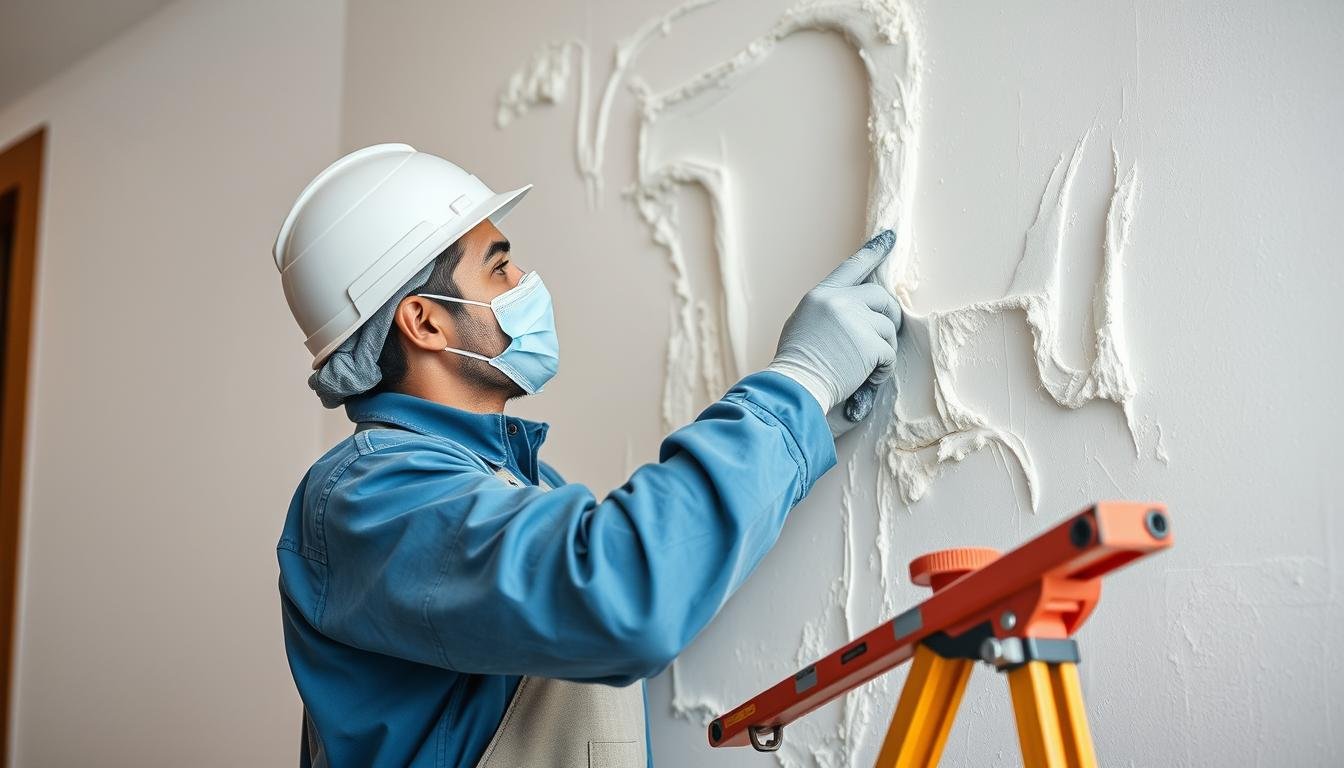 عامل مساح يقوم بتنفيذ أعمال المحارة على جدار في الكويت