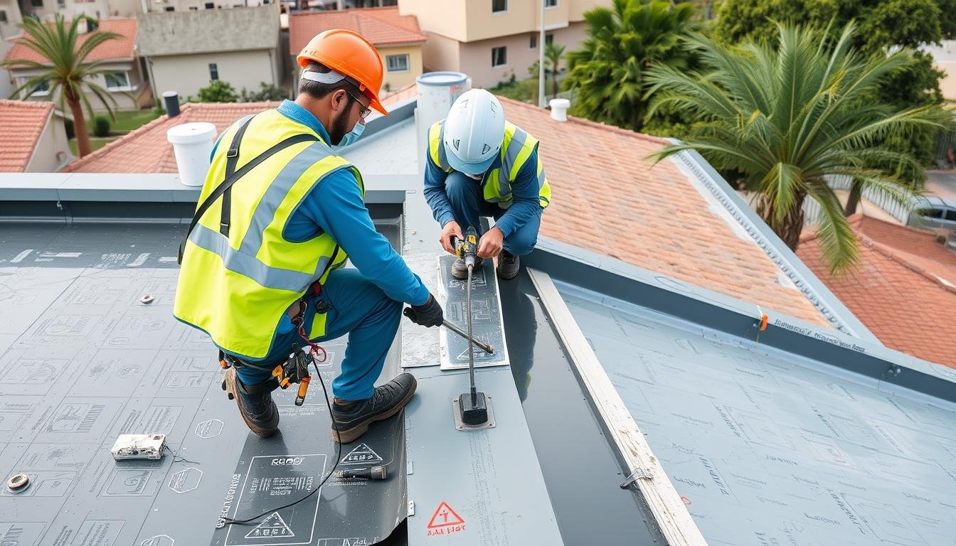 عمال متخصصون في ترميمات ضاحية عبدالله السالم يقومون بتركيب العزل المائي