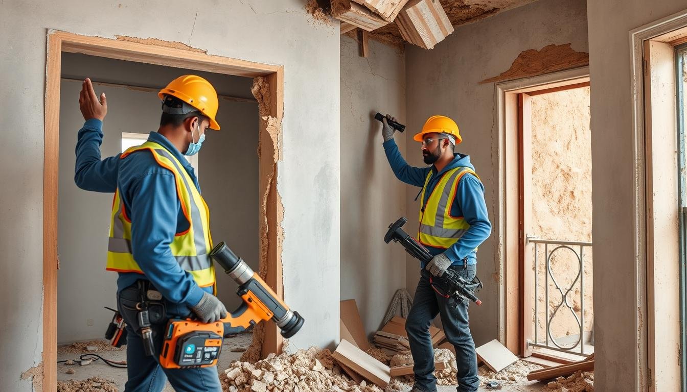 عمال يقومون بأعمال تكسير وترميم احترافية في منزل
