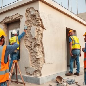 عمال يقومون بترميم هيكلي لمنزل في الكويت مع إصلاح الشقوق والتصدعات في الجدران